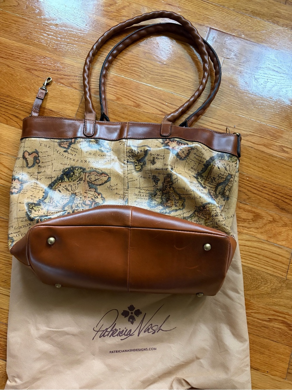 Patricia Nash Brown Leather-Trim Signature World Map Print Canvas Tote